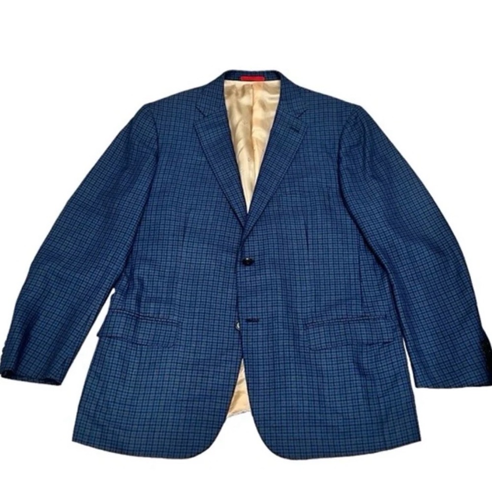 ISAIA WOOL & BAMBOO BLUE & BLACK CHECK 2 BUTTON DOUBLE VENT SPORT COAT BLAZER
